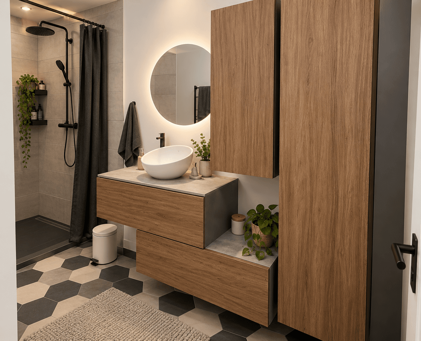 Salle de bains aménagée avec mobilier en bois, vasque ronde et douche carrelée