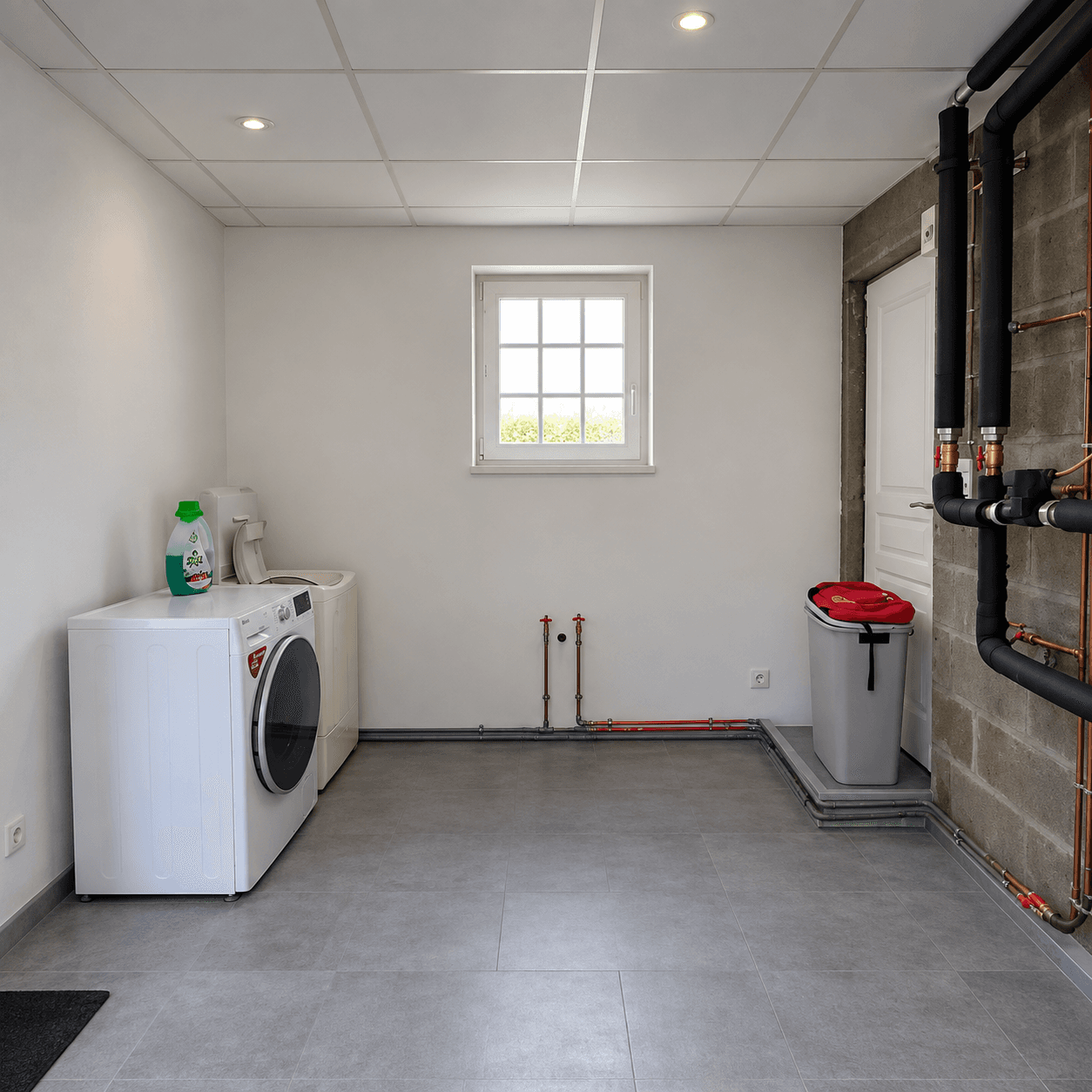 Buanderie terminée avec espace lave-linge et revêtement de sol gris
