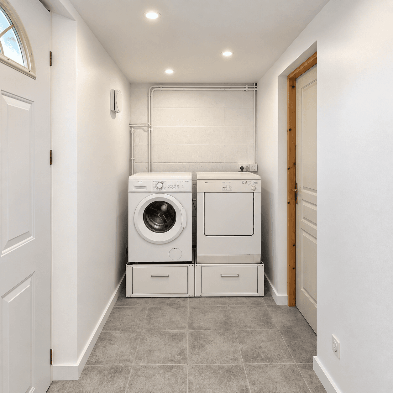Espace lave-linge et sèche-linge dans la buanderie entièrement rénovée