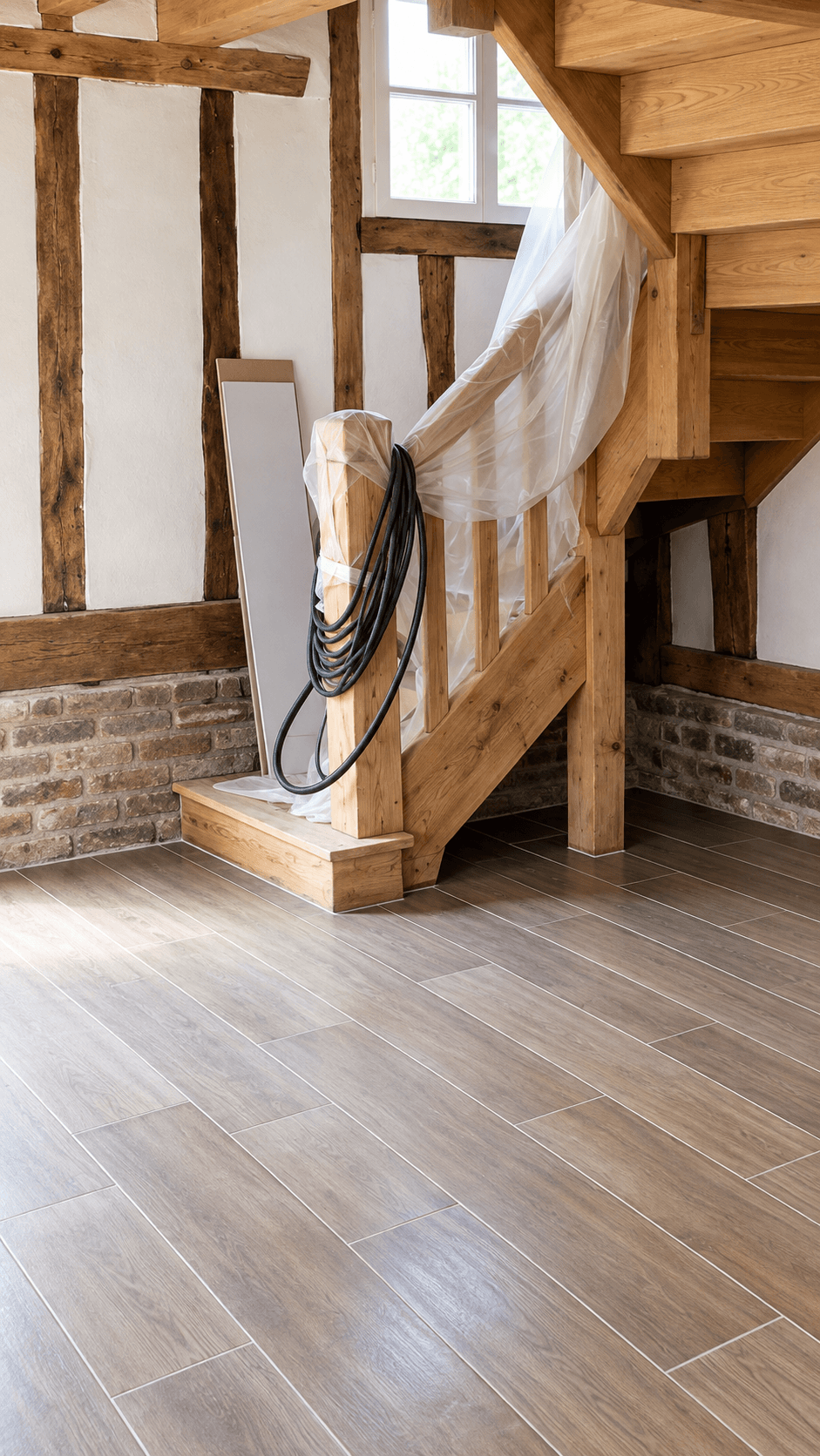 Vue verticale du carrelage imitation parquet posé au pied de l'escalier