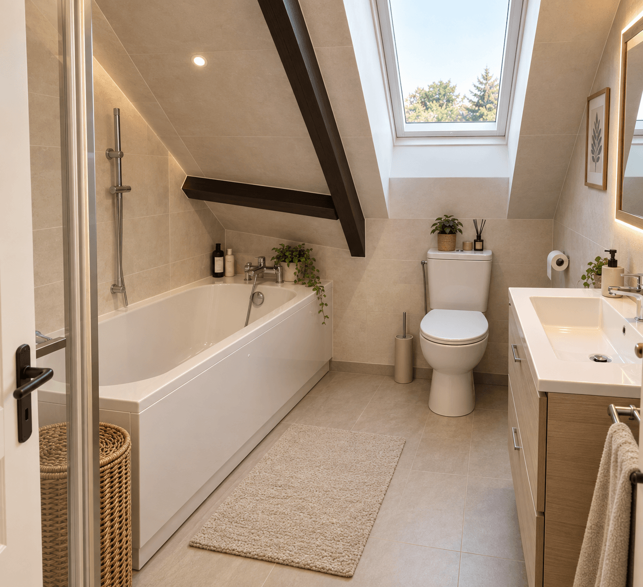 Salle de bains sous combles rénovée avec revêtements clairs et poutres noires