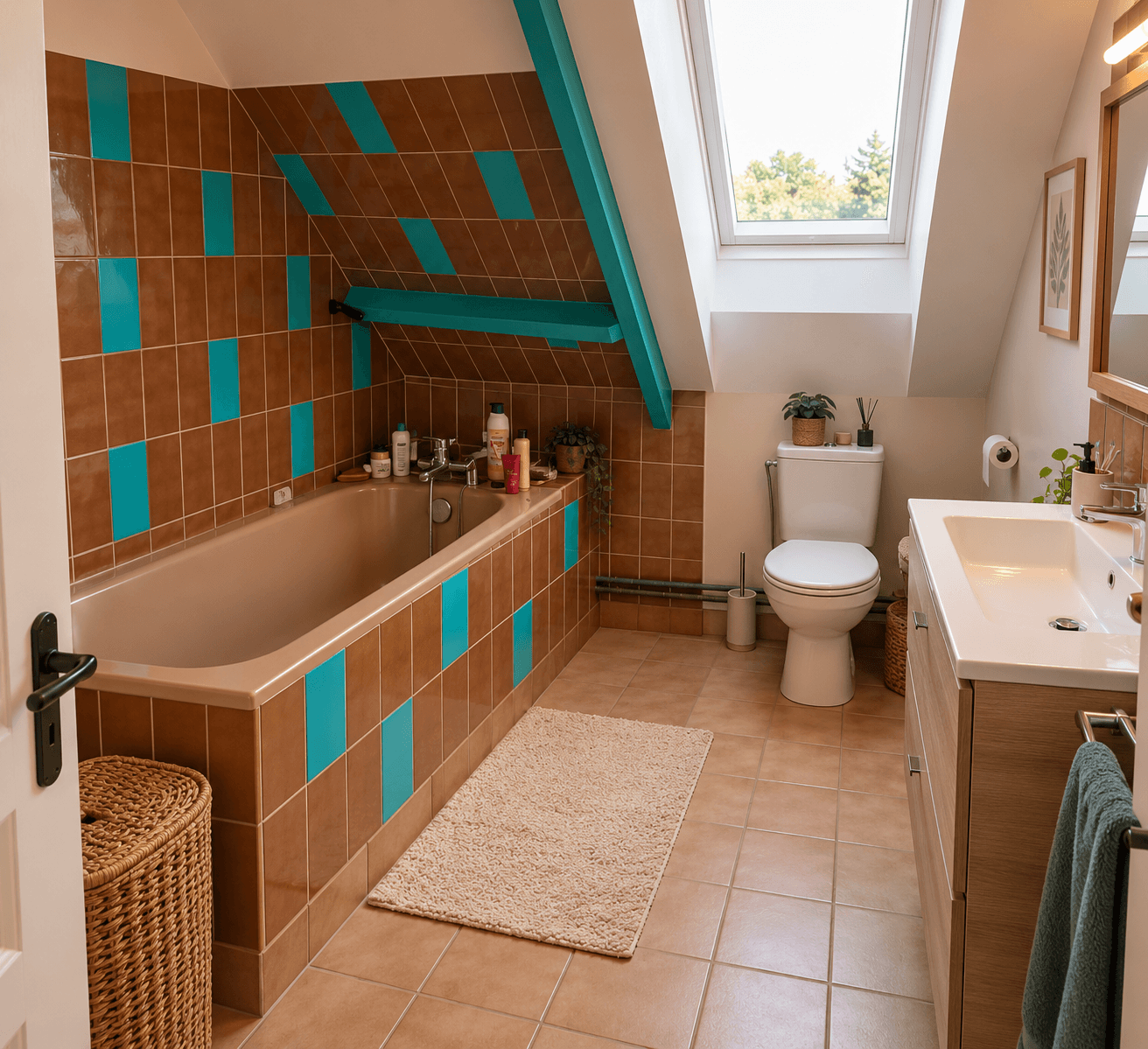 Salle de bains sous combles avant rénovation avec carrelage brun et poutres turquoise