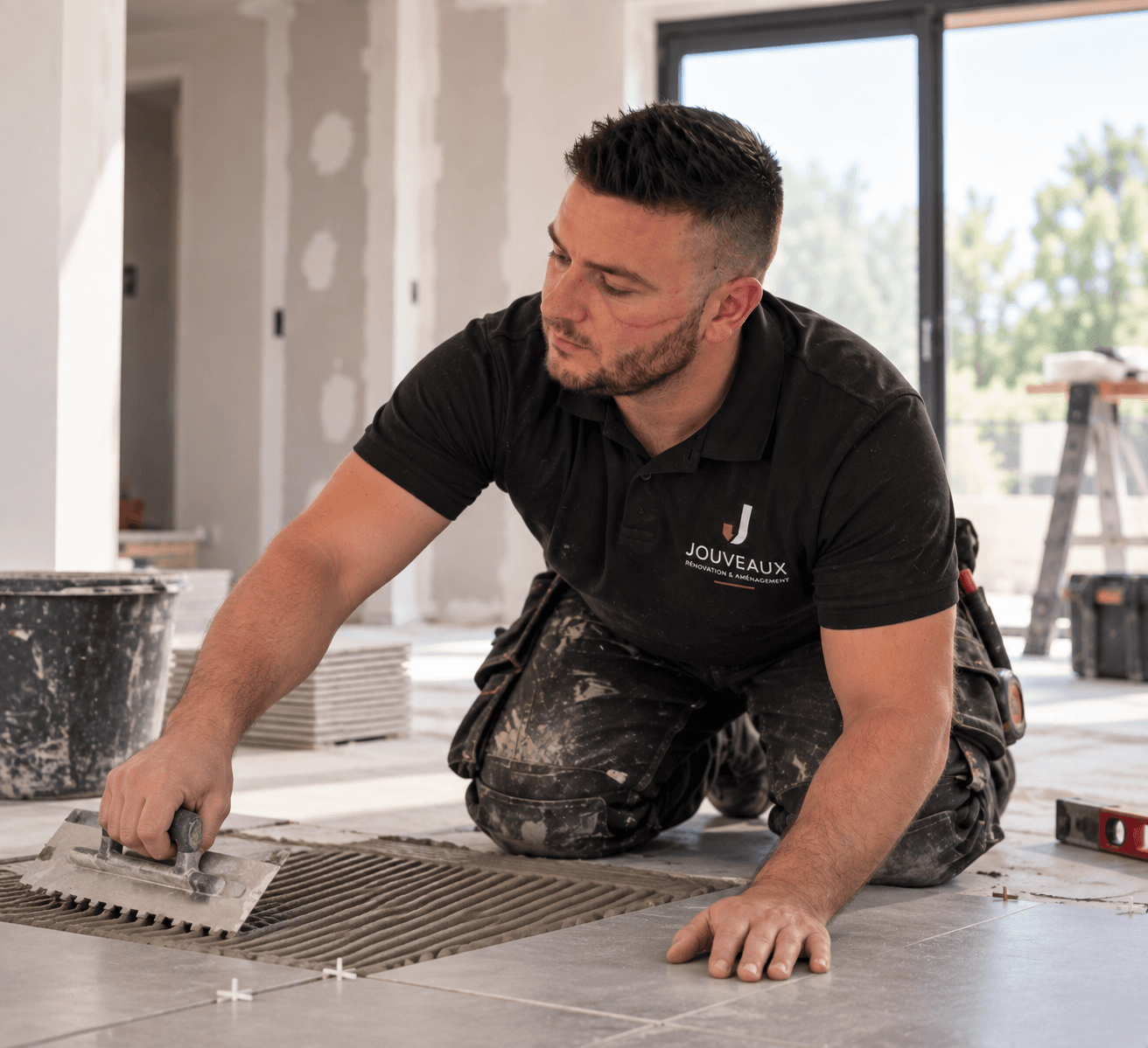Thibaut Jouveaux lors de travaux de pose de carrelage