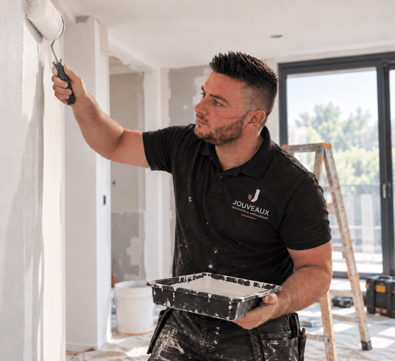 Thibaut Jouveaux réalisant des travaux de peinture intérieure